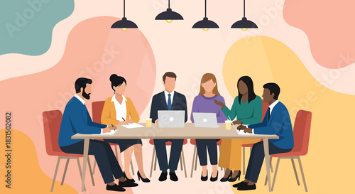 Diverse team collaborating around a table, flat vector illustration of a meeting