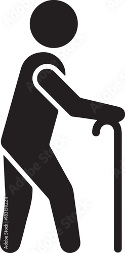 A black silhouette of an elderly person walking with a cane for support and balance assistance icon