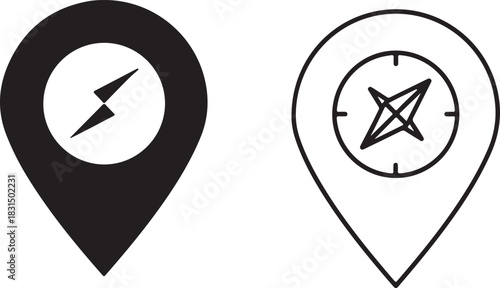 Two map pin icons one with lightning bolt and one with compass in black and white minimalist design