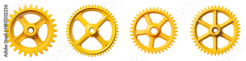 Golden Gear Set: Four Isolated Cogwheels on White Background