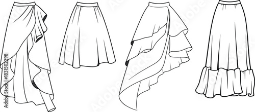 Women's fashion ruffle skirt designs, layered and flared skirt styles, sewing pattern clothing template, CAD drawing flat vector illustration