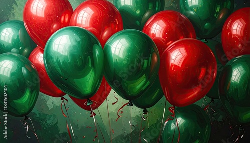 Vibrant red and green balloons floating together for a festive celebration.