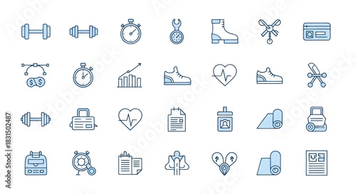 Collection of fitness health and business icons with blue outline design