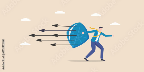 Businessman holding umbrella defending against incoming arrows