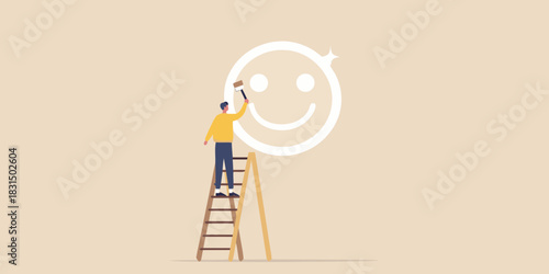 Man painting a large smiley face on a wall with a brush and ladder