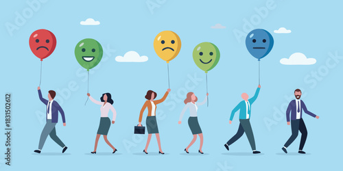 Diverse group of business people holding balloons with different facial expressions