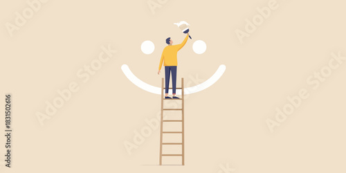Man painting a smiley face on a ladder for happiness and positivity