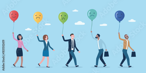 Diverse group of people holding balloons with different facial expressions