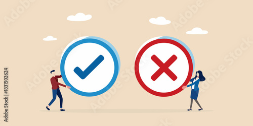 Man and woman holding check and cross symbols representing choice and decision making