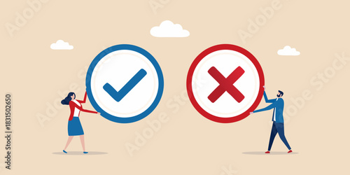 Man and woman holding check mark and cross symbols
