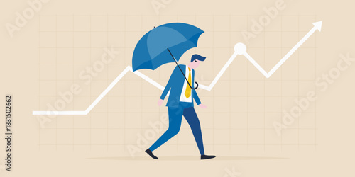 Businessman with umbrella walking on upward trending graph