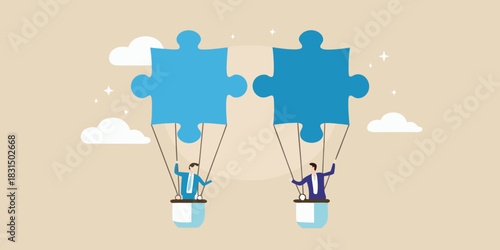 Two businessmen in hot air balloons shaped like puzzle pieces flying in the sky