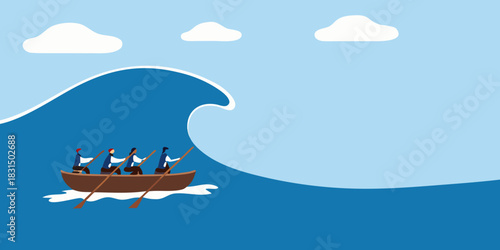 Team rowing in a boat facing a large wave and storm