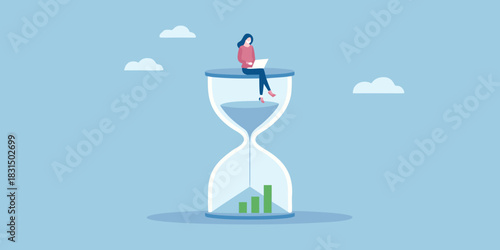 Woman working on laptop on top of hourglass with growth chart below