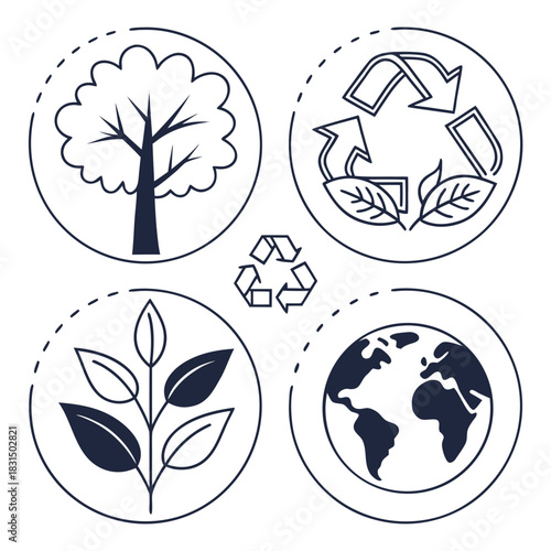 Four circular eco icons with tree recycling and earth