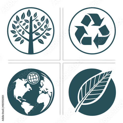Four circular eco icons tree recycle globe leaf nature