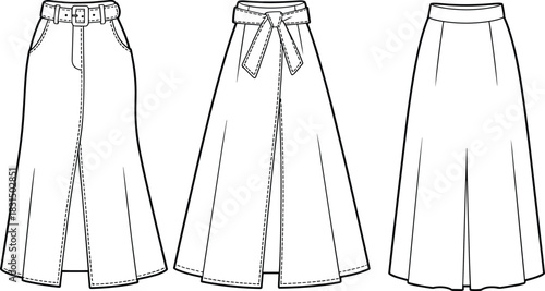 Women's skirt fashion flat sketch collection, A-line and flared skirt designs with belts and panels, CAD drawing flat vector illustration