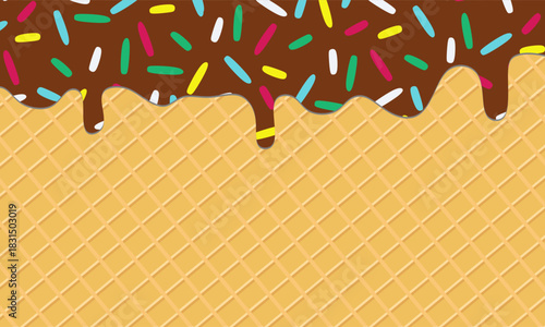 Melting ice cream with colorful candy sprinkles on wafer background. Waffle cone with dripping Chocolate dessert texture. Minimal flat design for template banner, poster, label, Vector illustration	