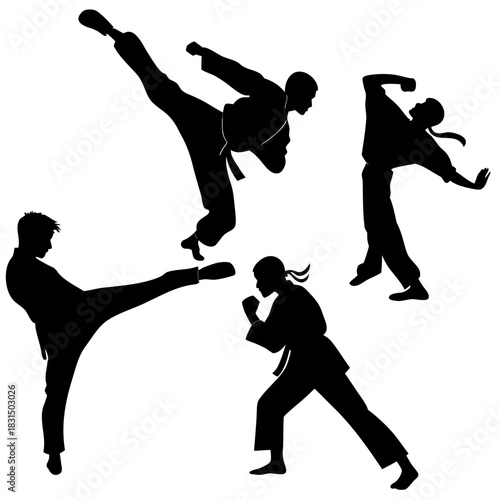 Four martial artists in silhouette performing various fighting stances