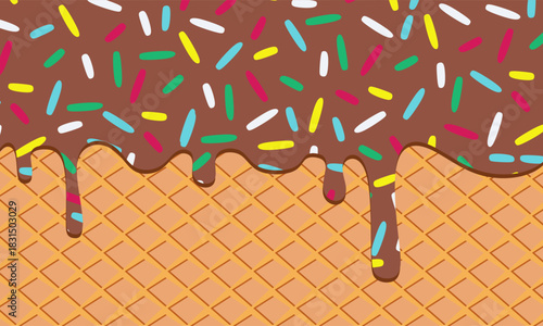 Melting ice cream with colorful candy sprinkles on wafer background. Waffle cone with dripping Chocolate dessert texture. Minimal flat design for template banner, poster, label, Vector illustration	