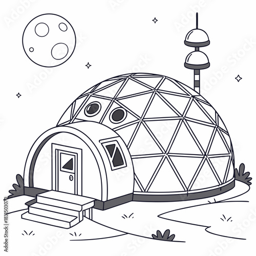 Futuristic dome house with moon and stars space sci fi