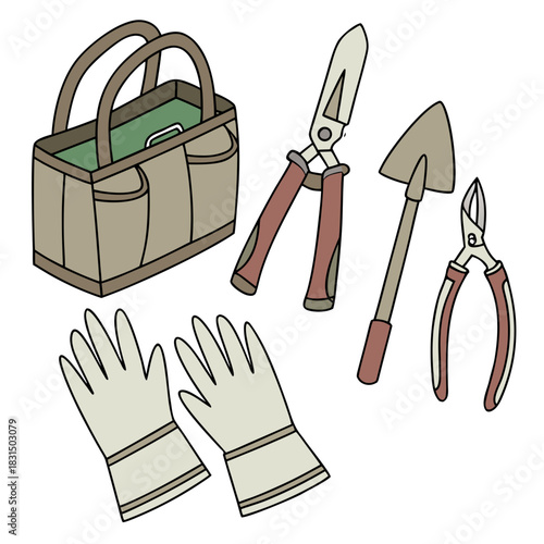Gardening tools and gloves on a white background secateurs
