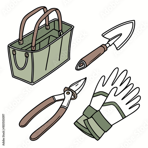 Gardening tools and tote bag illustration trowel pruners