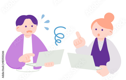 男性を指導する女性と困惑する男性のトラブルシーン