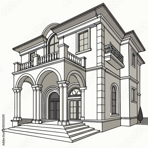 Grand European Villa with Arches and Balconies Vector