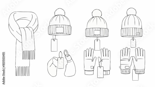 Assorted winter accessories displayed against a plain backdrop.