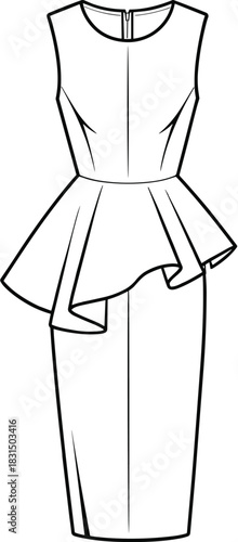 Women's sleeveless peplum pencil dress flat sketch, elegant formal dress technical drawing for designers, fashion CAD template vector.