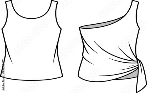 Women's sleeveless tank top and one shoulder draped blouse technical fashion sketch, front view, clothing flat vector CAD drawing, apparel template