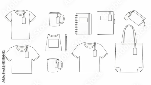 Outlined images of various everyday items, including a t-shirt, mug, notebook, notepad, bag and purse, each bearing a tag. 