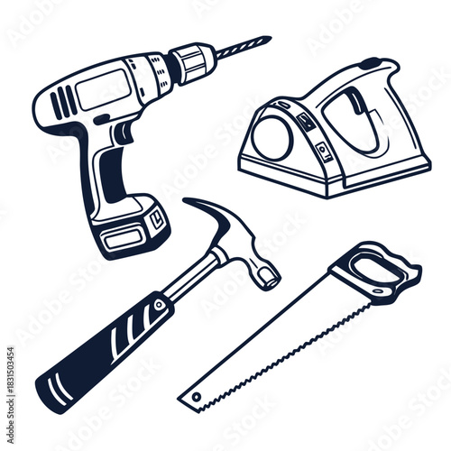 Hand drawn electric drill hammer saw and sander icons