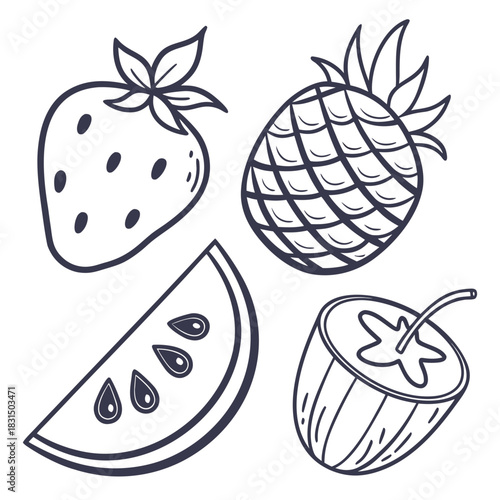 Hand drawn fruit doodles strawberry pineapple watermelon kiwi