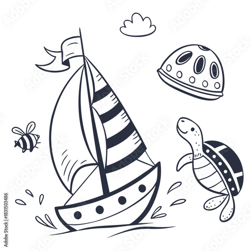 Hand drawn sailboat turtle bee and cloud vector water