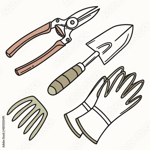 Hand drawn gardening tools and gloves on white secateurs