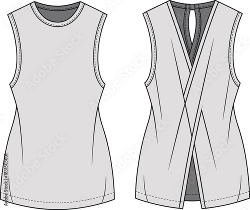 Women's sleeveless top flat sketch front and back, crossover open back detail, fashion cad drawing vector illustration template design
