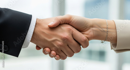 A close-up of a firm handshake between a man and a woman
