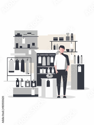 A man standing in a modern store, with display shelves filled with products