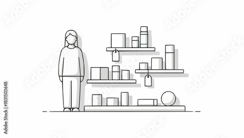 A person standing near shelves displaying product. 