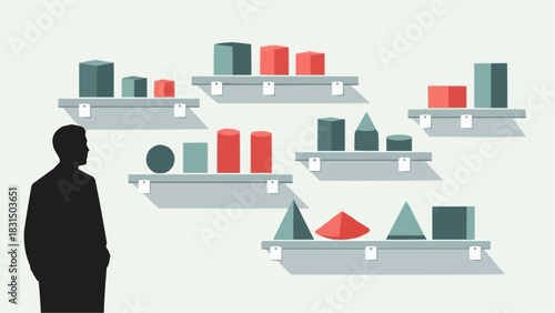 An observer contemplates various geometric shapes displayed on shelves. 