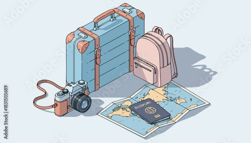 Illustration of travel essentials, including luggage, backpack, camera, map, and passport, ready for adventure.
