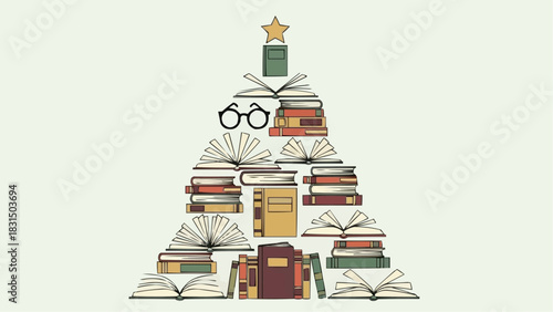 A whimsical illustration of a Christmas tree crafted from books, complete with a star and glasses. This artistic portrayal blends holiday cheer with a love for reading.
