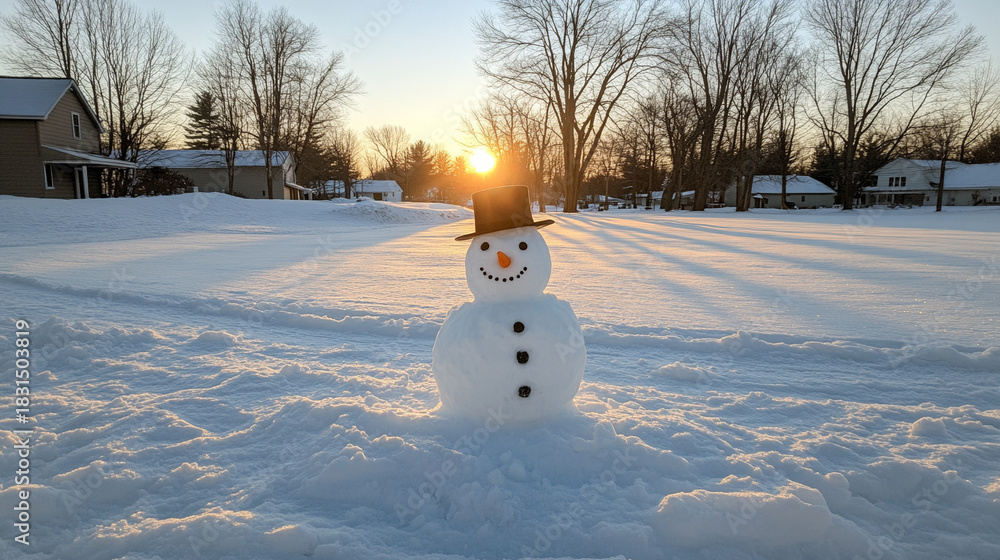 Fototapeta premium Classic snowman with carrot nose and black hat in winter sunset