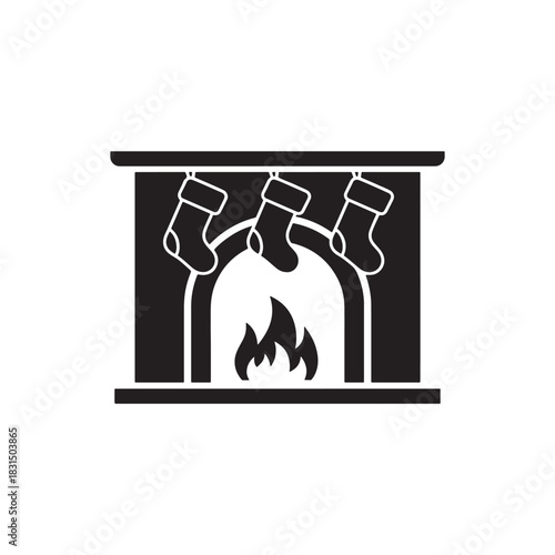 Cozy Fireplace with Christmas Stockings Silhouette (Vector Icon)