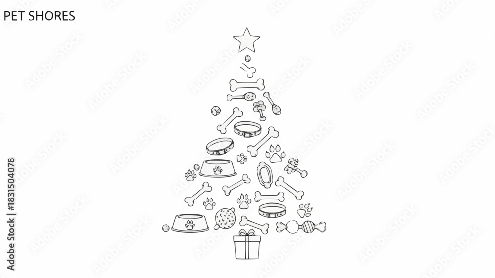 Fototapeta premium A festive tree silhouette created with pet-themed objects. A creative and heartwarming illustration for pet lovers.