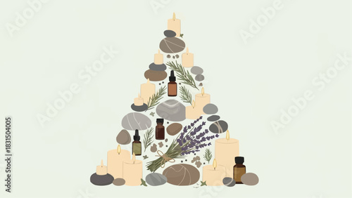 Spa-themed holiday decor, artfully arranged to resemble a christmas tree.