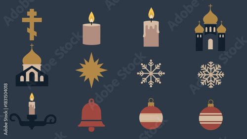 Collection of religious and festive icons, including crosses, candles, churches, and ornaments.