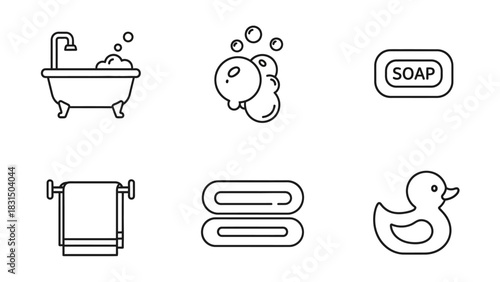 A set of six minimalist black line icons representing bathroom and bathing essentials on a white background.